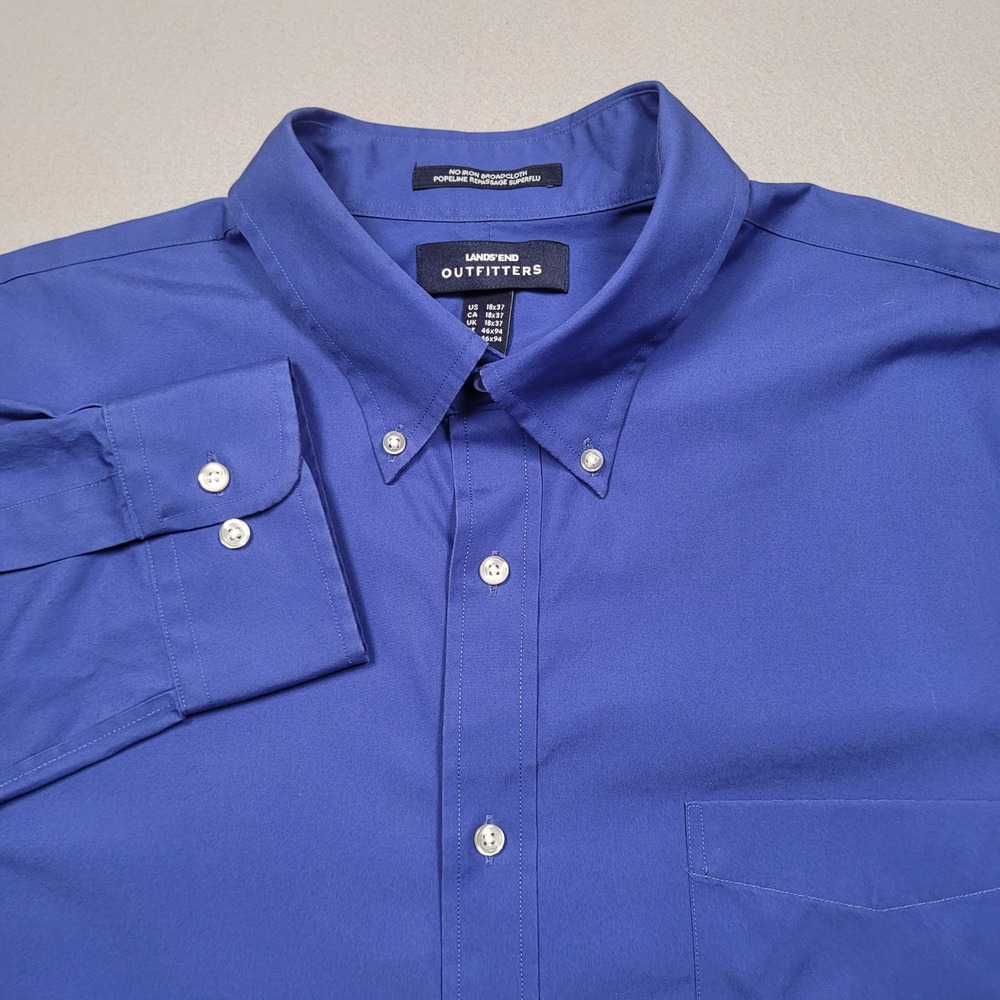 Lands End Outfitters Mens Blue No Iron Broadcloth Button Down Shirt 18x37 Tall